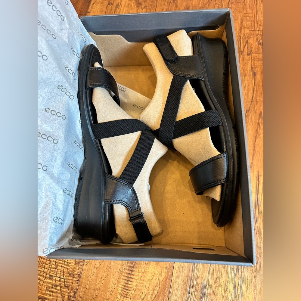 Ecco Felicia Sandal Black Leather Adjustable Strap Wedge Sandal, size 41